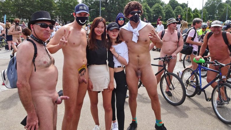 Naked women on a bike racket