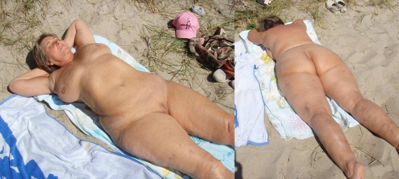 Burnts of naked old women on the beach