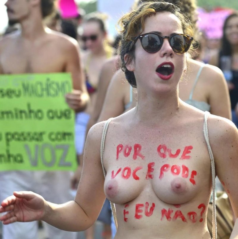 With naked breasts
